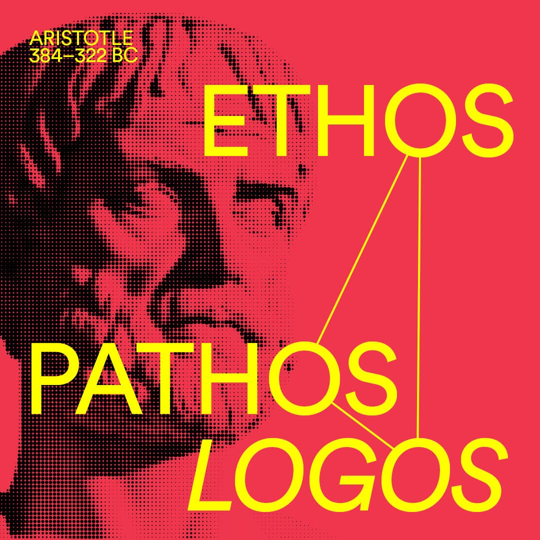 Graphic showing a halftone statue of Aristotle, overlaid with the words 'Ethos', 'Pathos' and 'Logos'