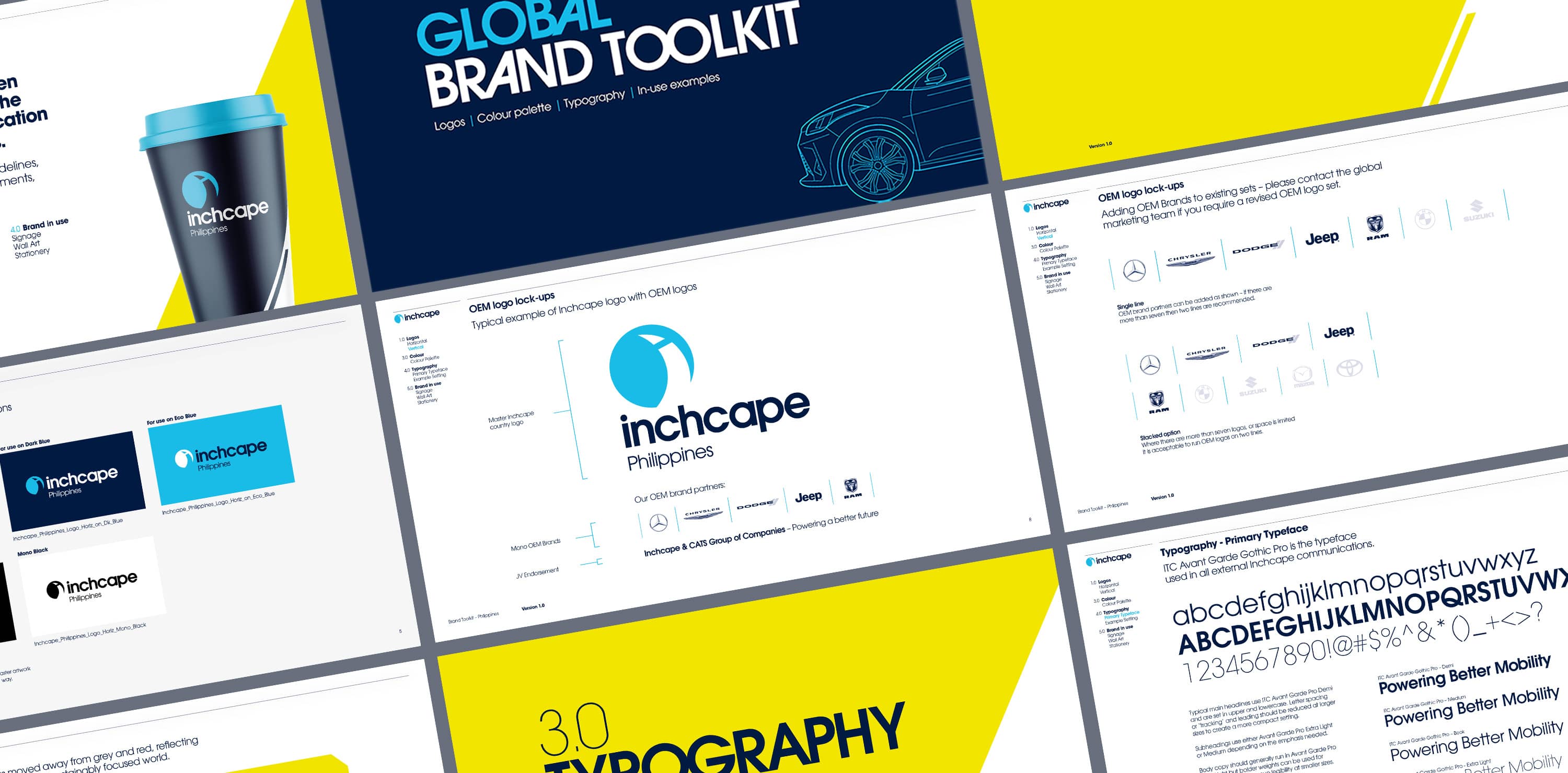 A selection of images from the Inchcape brand guidelines toolkit, including the front cover, typography break slide, and example of Inchcape logo lockup